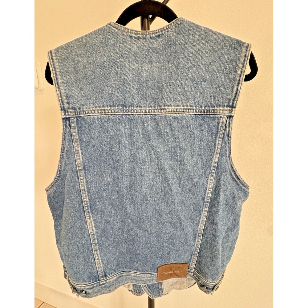 90s Calvin Klein CK Jeans Denim Button Vest Unisex Leather Patch Sz L Vintage - Picture 4 of 8